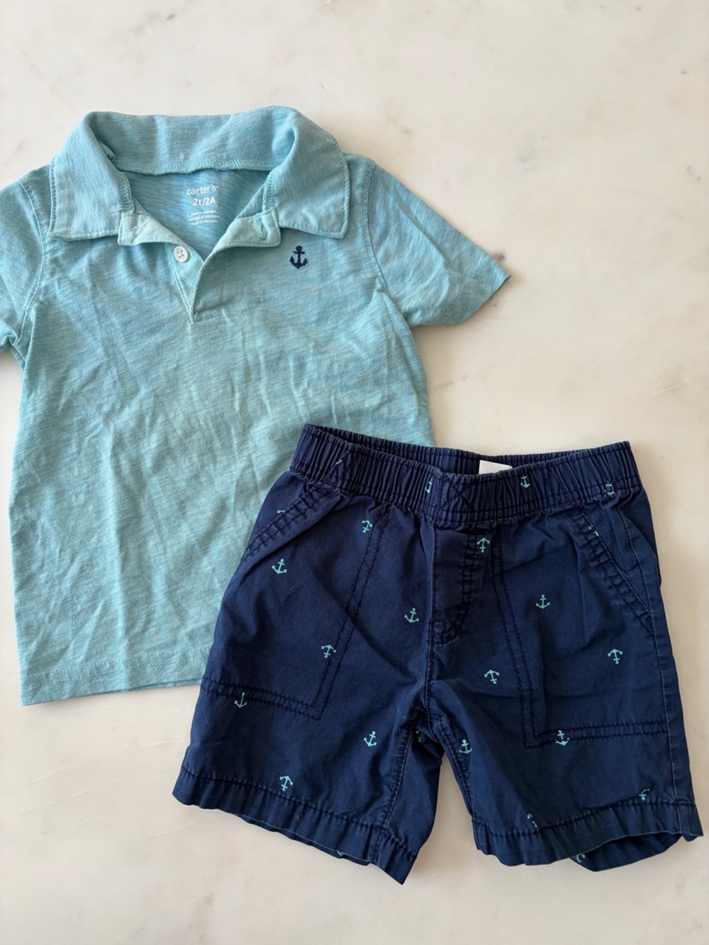 Carter's Teal Polo and Navy Anchor Print Shorts Set